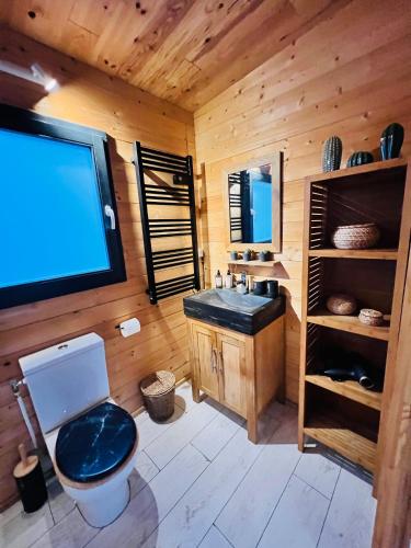 une salle de bain avec toilettes et une télévision grand écran dans l'établissement Cabane le Flamant avec jardin, piscine et parking, à Saintes-Maries-de-la-Mer