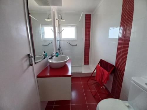 a bathroom with a white sink and a red floor at Casa do Portão Azul - Tamboril in Atouguia da Baleia