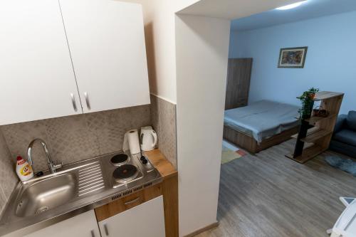 una cocina con fregadero y una cama en una habitación en Apartman Ana Osijek, en Osijek