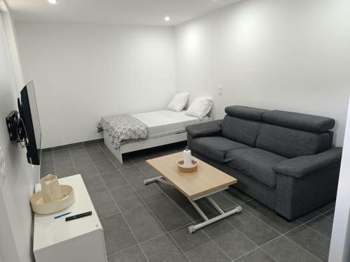 a living room with a couch and a coffee table at Petite maison avec jardin in Montluçon