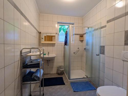 een badkamer met douche, wastafel en toilet bij Weinloft Ehrenhausen in Ehrenhausen