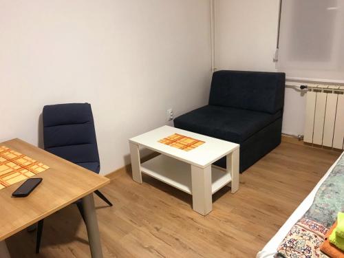 a living room with a chair and a table at LUX BANOVO BRDO apartman in Belgrade