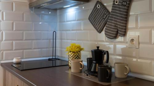 eine Küche mit Theke und Kaffeemaschine in der Unterkunft Pizarro Apartment Malaga in Torremolinos