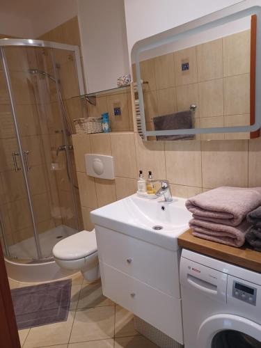 a bathroom with a sink and a shower and a toilet at Apartament blisko plaży in Pobierowo