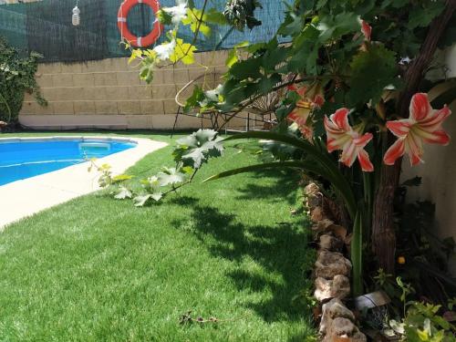 un patio con césped verde y flores junto a una piscina en Luminosa y confortable casa con vistas y piscina, en Jun