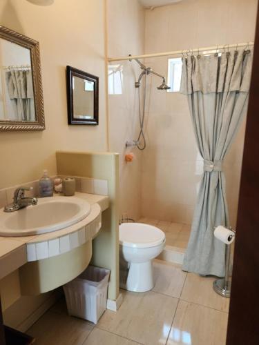 a bathroom with a sink and a toilet and a shower at Sadie's Bed and Breakfast / Hotel in Tijuana