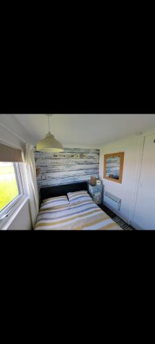 een slaapkamer met een bed en een raam bij California beachhut chalet in Great Yarmouth