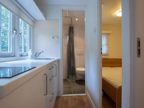 een witte badkamer met een wastafel en een toilet bij Boszicht in Heeswijk-Dinther