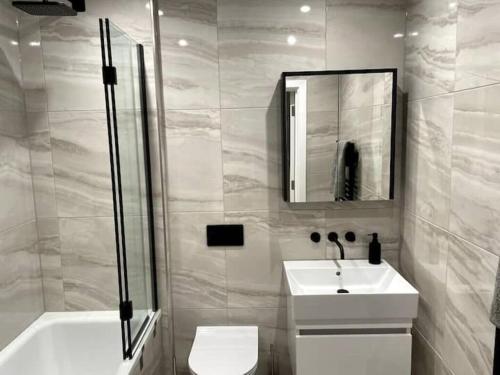 bagno con lavandino, servizi igienici e specchio di Royal Sands Ramsgate - direct beach access a Ramsgate