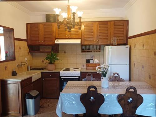 - une cuisine avec des placards en bois et un réfrigérateur blanc dans l'établissement Ktima Gardenyard, à Artemi