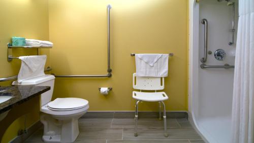 a bathroom with a white toilet and a shower at Super 8 by Wyndham Red Wing in Red Wing