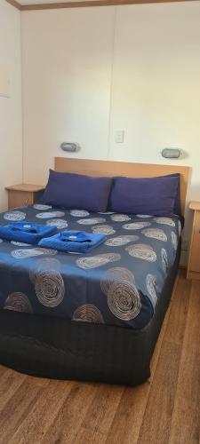 a bed in a room with blue pillows on it at The Sundowner Cabin & Tourist Park in Whyalla