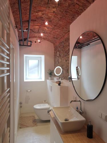 a bathroom with a sink and a mirror and a toilet at Ruhe am Wald - zentral und Wörthersee in Klagenfurt