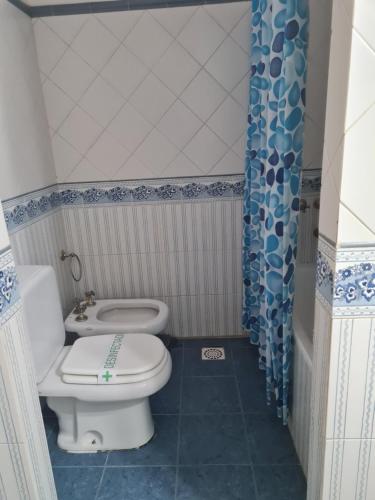 uma casa de banho com um WC e uma cortina de chuveiro em Cabanas Las Pencas, HOSTERIA em Mina Clavero