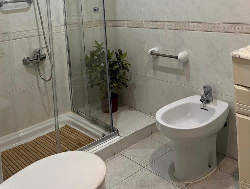 a bathroom with a shower and a toilet and a sink at Borriana Bonica in Burriana