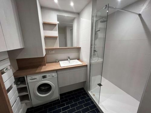 une salle de bain avec une machine à laver et un lavabo dans l'établissement Quiberon - 2 pièces cosy à 20m de la plage avec parking - FR-1-478-247, à Quiberon