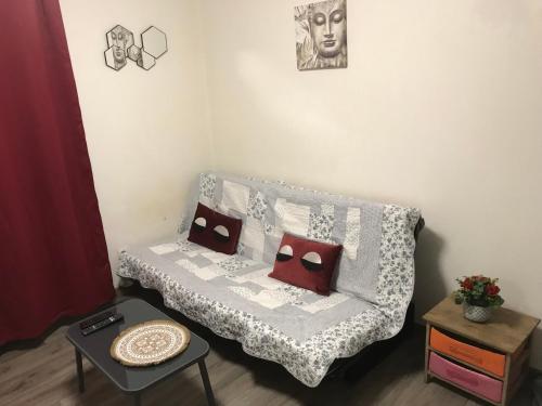 ein Wohnzimmer mit einem Sofa mit Kissen darauf in der Unterkunft Coquet Studio PROCHE CENTRE in Straßburg
