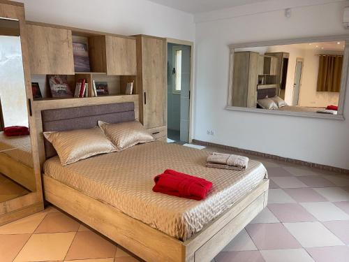 a bedroom with a bed with a large mirror at Villa vue sur mer in El Djamila