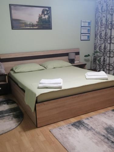 コンスタンツァにあるApartament Aurelianのベッドルーム1室(木枠のベッド1台付)