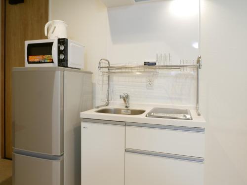 uma cozinha branca com um lavatório e um micro-ondas em Haku Tofukuji em Quioto