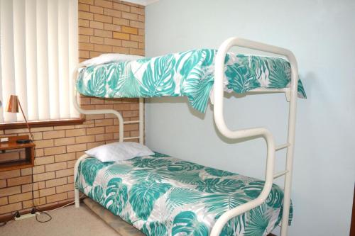 two bunk beds in a room with a bed at Travellers Palms no 8 South West Rocks in South West Rocks