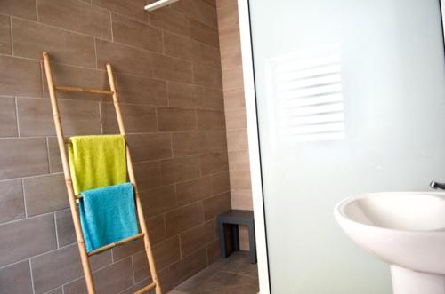 ein Badezimmer mit einem Handtuchhalter und einem Waschbecken in der Unterkunft le raphael in Saint-Joseph