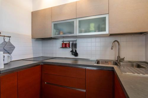 a kitchen with wooden cabinets and a sink at Casa Mia Milos in Paleochori