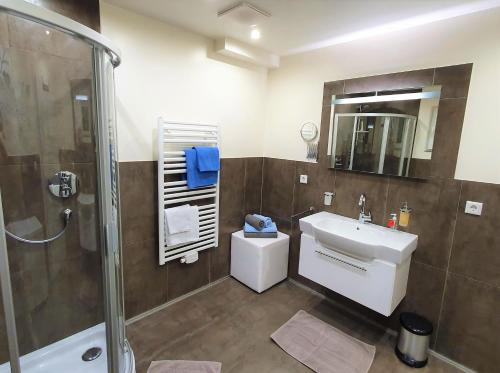 La salle de bains est pourvue d'un lavabo, de toilettes et d'une douche. dans l'établissement Ferienwohnung Glockenblume, à Ellmau