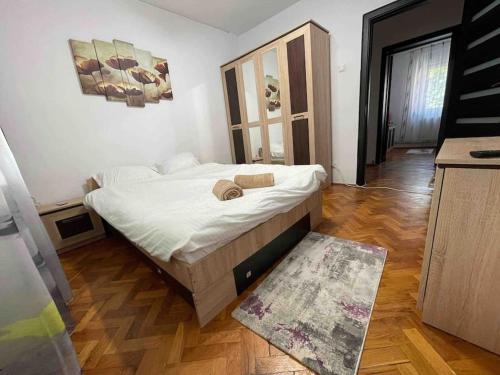 una camera con letto e pavimento in legno di Apartament zonă centrală Punctele cardinale -Take Ionescu Timișoara a Timişoara