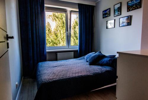 - une chambre avec un lit et une fenêtre dans l'établissement Apartament Cztery Pory Roku w Giżycku, à Giżycko
