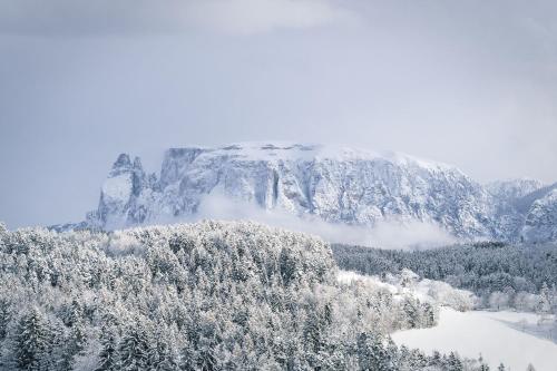 a mountain covered in snow with a river and trees at Parkhotel Holzner in Soprabolzano