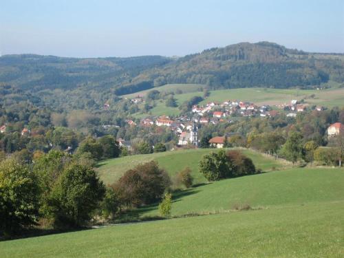 ein grüner Hügel mit einer Stadt in der Ferne in der Unterkunft Ferienhaus Rhönspaß in Mosbach
