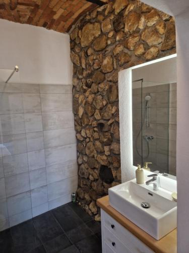 uma casa de banho com um lavatório e uma parede de pedra em Sobe Lotrist em Radovljica