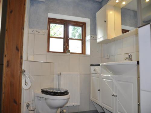 a bathroom with a toilet and a sink and a window at Hof Tummetott in Mittelangeln