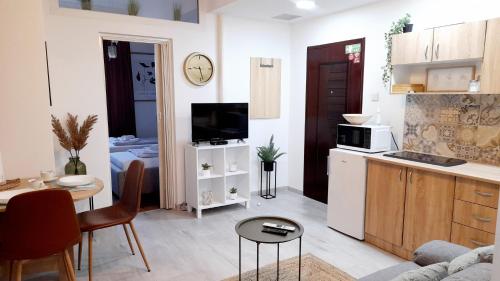 Apartment Eleco في بييلوفار: غرفة معيشة صغيرة مع مطبخ وغرفة معيشة