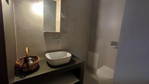 a bathroom with a sink and a basket on a counter at Evangelia in Symi