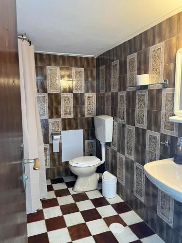 a bathroom with a toilet and a checkered floor at Villa Lula in Nea Stira