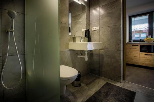 a bathroom with a toilet and a sink and a shower at Ubytovacie zariadenie U Mudajov in Kraľovany