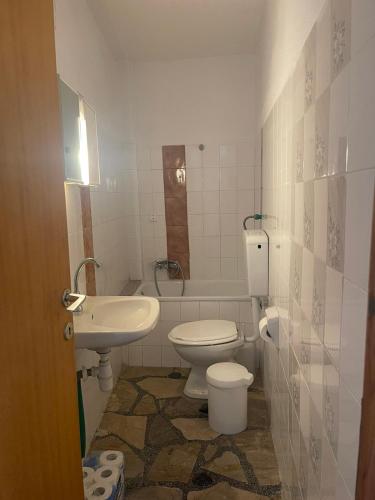 a bathroom with a toilet and a sink at Exohi apartments in Nea Vrasna