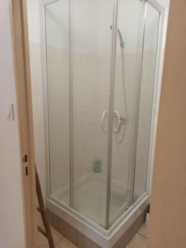 une douche avec une porte vitrée dans une salle de bain dans l'établissement Chez Mylène et J-P, à Orange