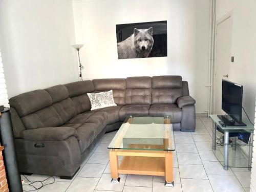 a living room with a brown couch and a dog picture at Résidence Stiénon in Brussels