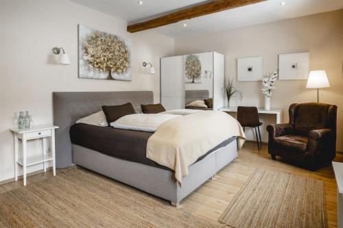 1 dormitorio con cama, escritorio y silla en Klostermühle, en Eltville am Rhein