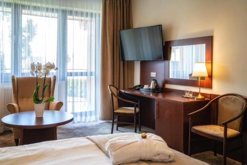 a hotel room with a bed and a desk and a room at Hotel Tatra in Zakopane