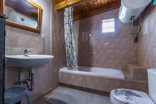 y baño con lavabo, bañera y aseo. en Artemis Cottage Home, en Fréngaina