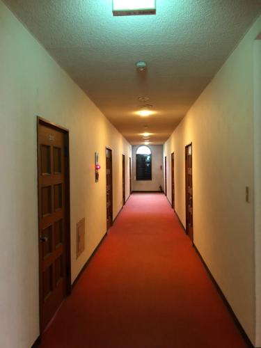 un largo pasillo con una alfombra roja y puertas en NAEBA KOGEN HOTEL, en Yuzawa