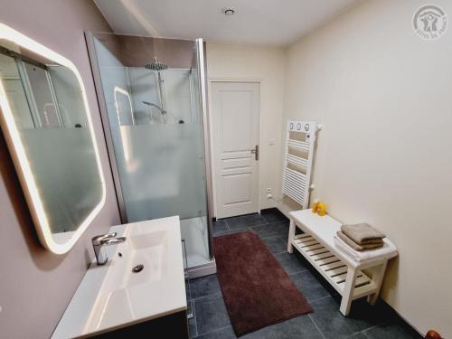 ein Bad mit einer Dusche, einem Waschbecken und einem Spiegel in der Unterkunft La ferme bisiaux in Somain