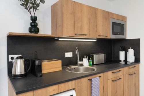 a kitchen counter with a sink and a microwave at Arbio I Central Apartments Koblenz in Koblenz