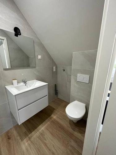 une salle de bain avec un lavabo blanc et des toilettes dans l'établissement Beau Studio Cosy proche frontière Suisse, à Villers-le-Lac