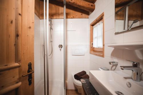 uma casa de banho com um chuveiro, um lavatório e um WC. em Lechnerhütte Fane Alm em Valles