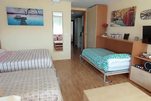 een kamer met 2 bedden en een tv. bij Estudio Rincon de la Victoria ( Malaga) in Rincón de la Victoria